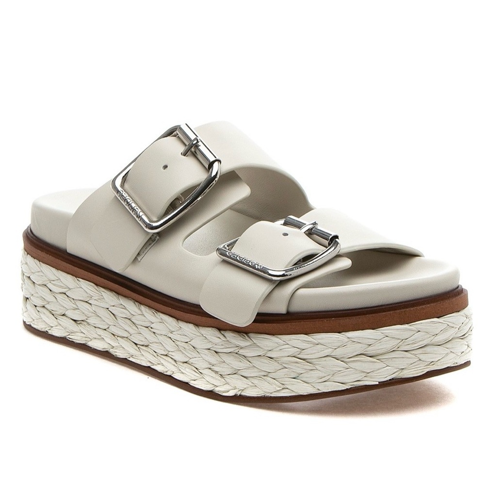 J Slides Cream Braided Espadrille Platform Slides with Silver Buckles